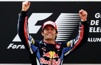 Australian Mark Webber celebrates on the Barcelona podium
