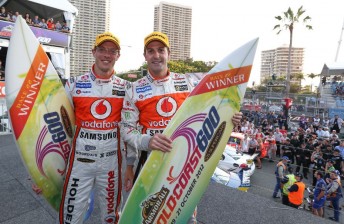 Whincup and Bourdais celebrate with their trophies