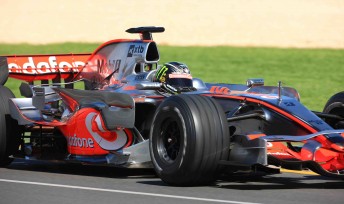 Jamie Whincup aboard the 2008-specification Vodafone McLaren Mercedes F1 car at Albert Park on Tuesday