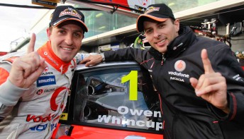 jamie Whincup and Steve Owen celebrate pole position for tomorrow