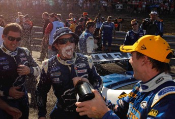 Mark Winterbottom celebrates with his Orrcon Steel FPR crew after the race