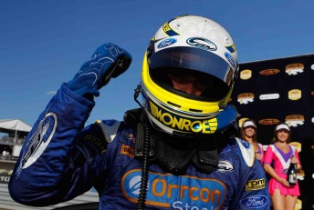 Mark Winterbottom celebrates his race victory at Hidden Valley recently