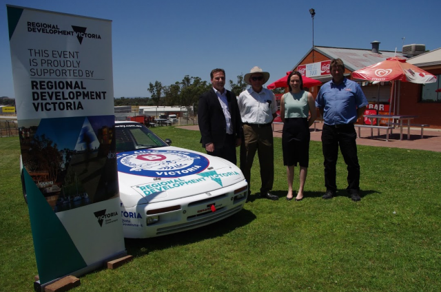 From left to right: Chris Lewis-Williams, Benalla Auto Club Group CEO; Barry Stilo, Benalla Auto Club President; Jaclyn Symes, Member for Northern Victoria; Wayne Williams, Operations Manager Winton Raceway. pic: Judi McDonald