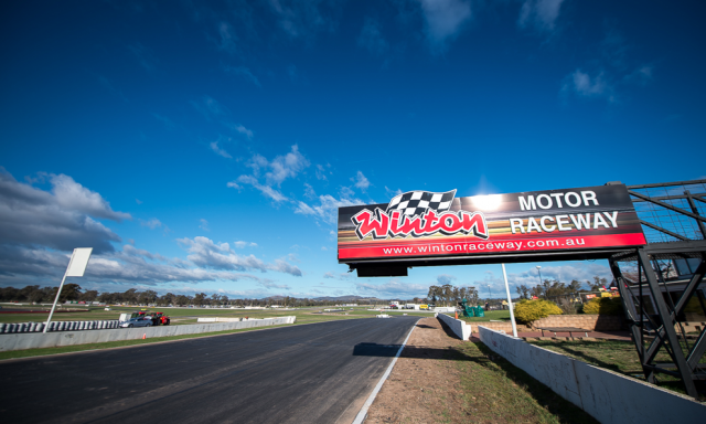 The new Winton Motor Raceway sign at the old start-finish line 