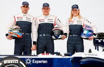 Susie Wolf with current Williams race drivers Pastor Maldonado and Valtteri Bottas