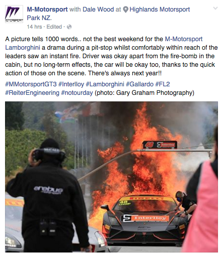 A Facebook update from M Motorsport on Sunday