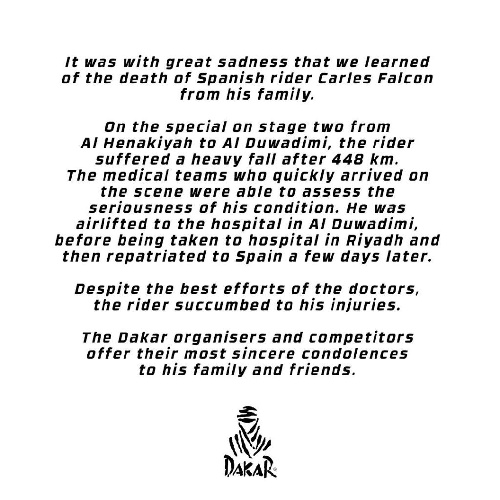 The Dakar Rally's statement on the death of Carles Falcon
