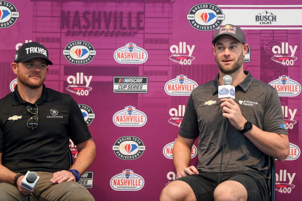 Shane van Gisbergen (right, pictured with Trackhouse Racing founder/co-owner Justin Marks) is aiming to make the NASCAR Xfinity Playoffs in 2024. Image: NASCAR/Getty Images
