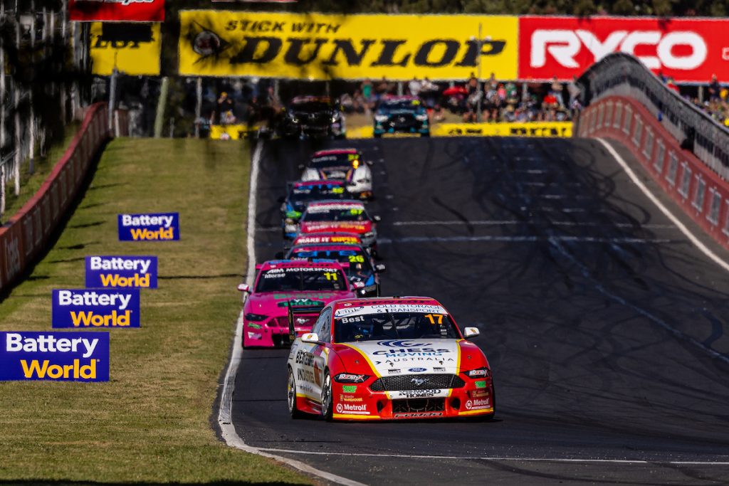 Zak Best leads the Super2 Series field into Hell Corner during a race at Bathurst in October 2023