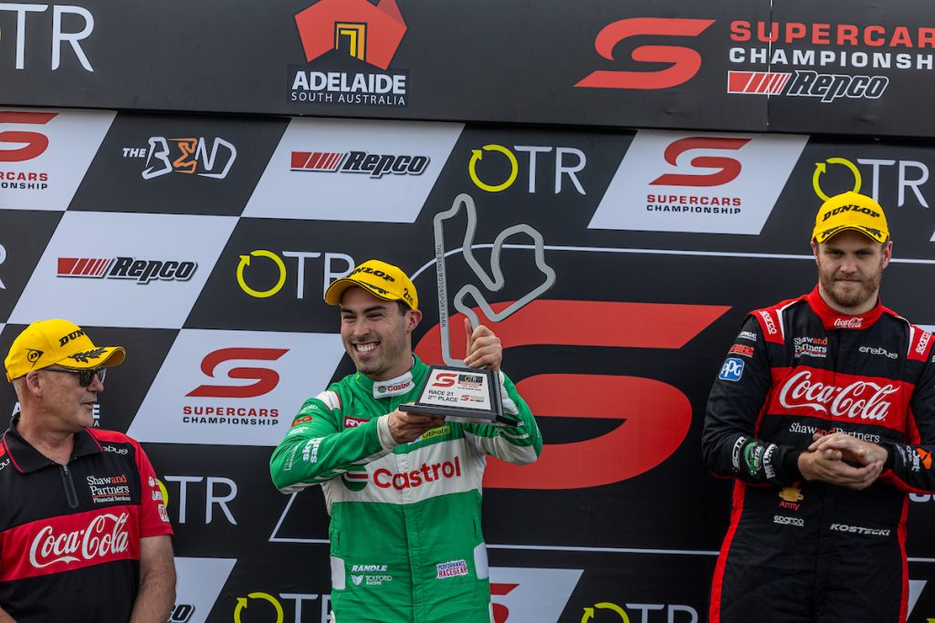 Thomas Randle celebrates a Supercars Championship podium at The Bend in August 2023