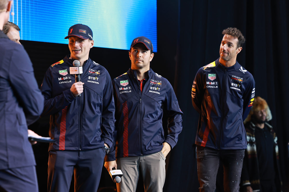 Max Verstappen, Sergio Perez and Daniel Ricciardo at the Red Bull livery launch in New York 