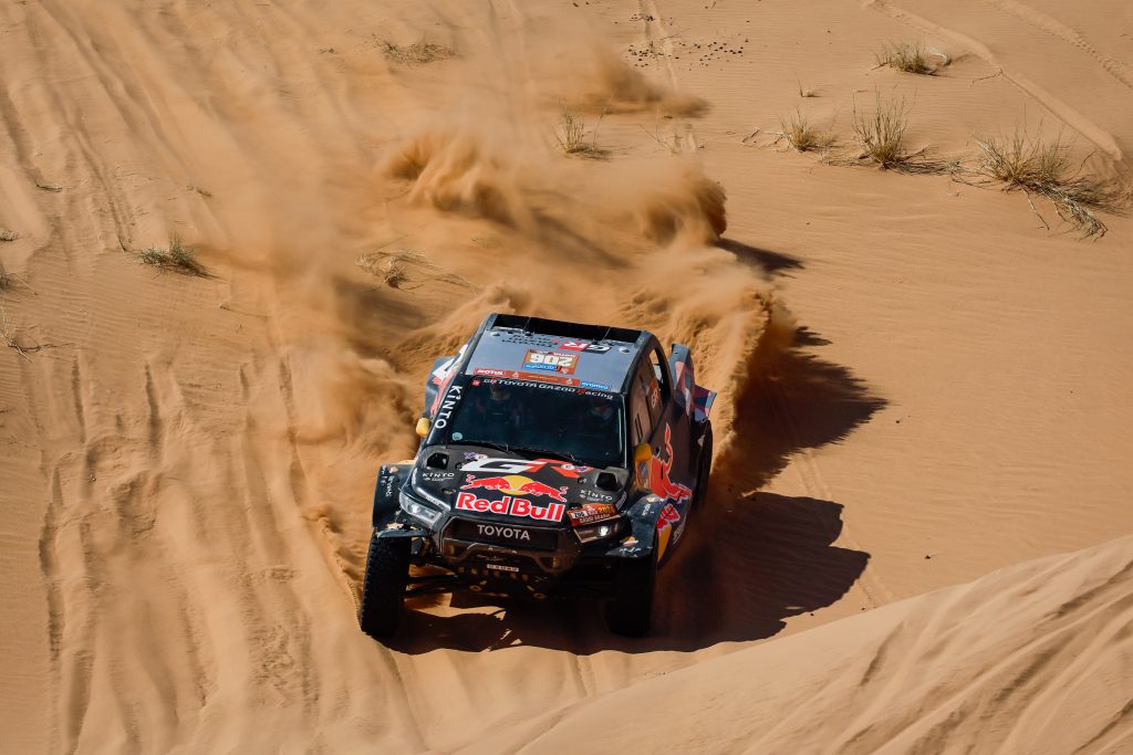 Lucas Moraes and Armand Monleon on their Toyota Hilux DKR T1+ of the Toyota Gazoo Racing during the Stage 3 of the Dakar 2024 on January 8, 2024 between Al Duwadimi and Al Salamiya, Saudi Arabia // Florent Gooden / DPPI / Red Bull Content Pool // SI202401080680 // Usage for editorial use only //