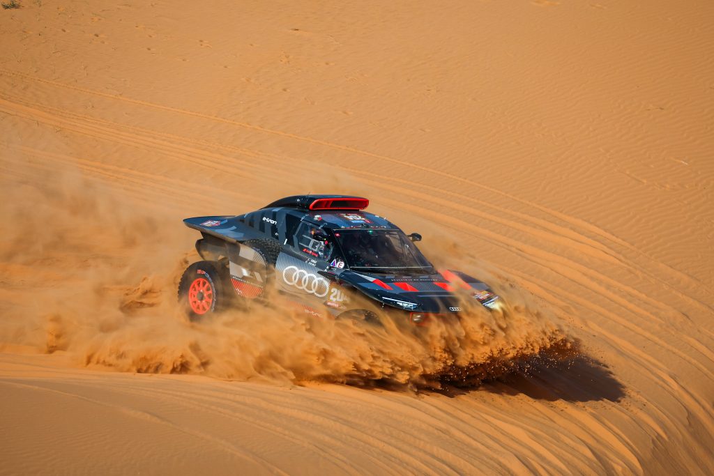 Carlos Sainz and Lucas Cruz on their Audi RS Q e-tron E2 of the Team Audi Sport during the Stage 8 of the Dakar 2024 on January 15, 2024 between Al Duwadimi and Hail, Saudi Arabia // Florent Gooden / DPPI / Red Bull Content Pool // SI202401150535 // Usage for editorial use only //