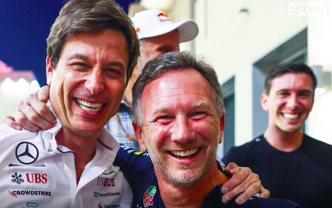 Toto Wolff and Christian Horner were all smiles in a photo that went viral after the Abu Dhabi GP. Image: Sky Sports F1