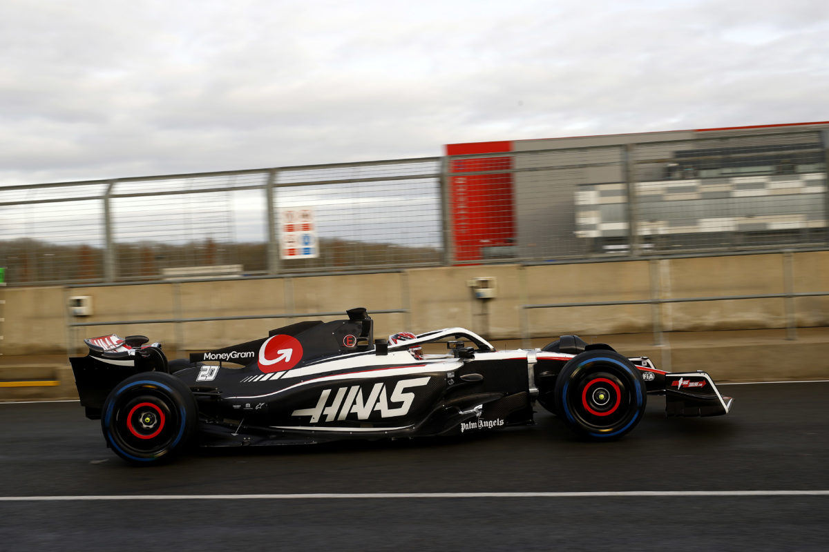 Kevin Magnussen shakes down the Haas VF-23 at Silverstone