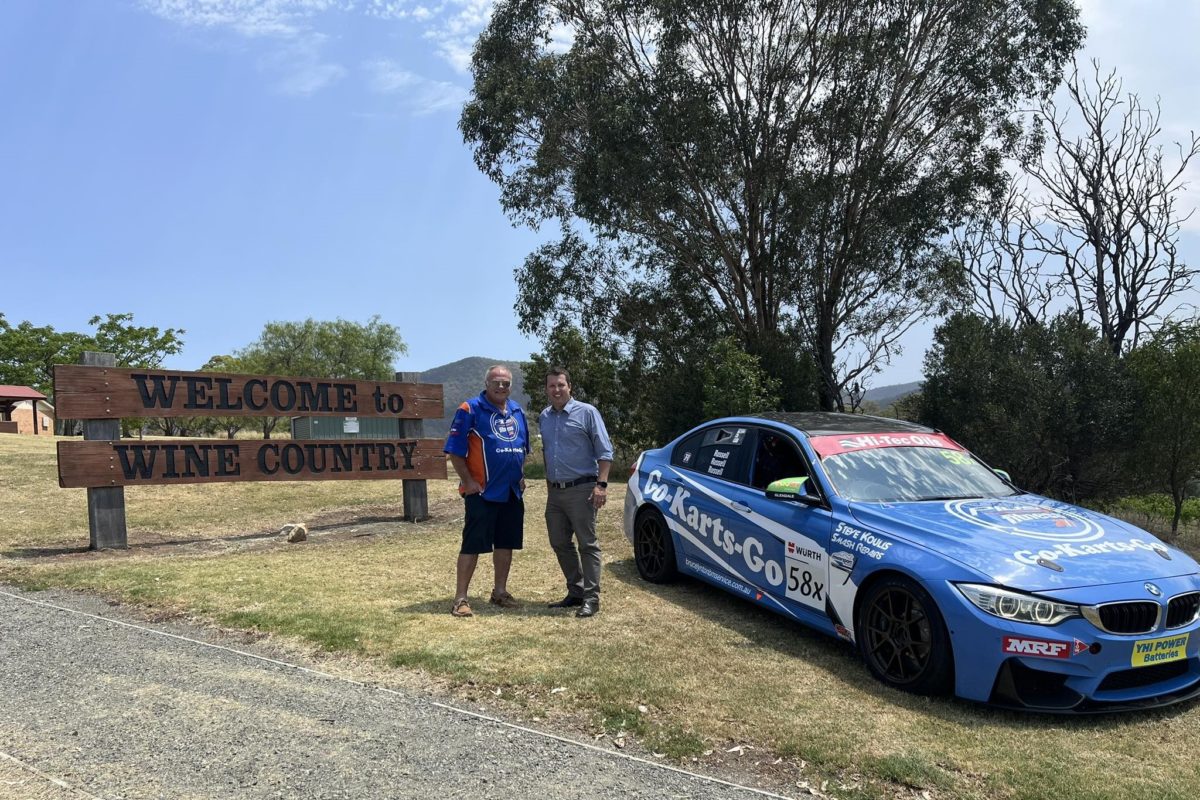Cessnock Mayor Jay Suvaal (right, pictured with Novocastrian Motorsport's Wayne Russell), promoting the idea of the 'Wine Country 500' in October. Image: 'Jay Suvaal - Mayor of Cessnock' Facebook