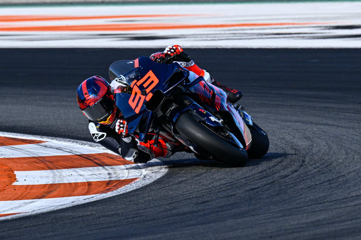 Marc Marquez riding a Ducati for the first time in MotoGP testing in Valencia